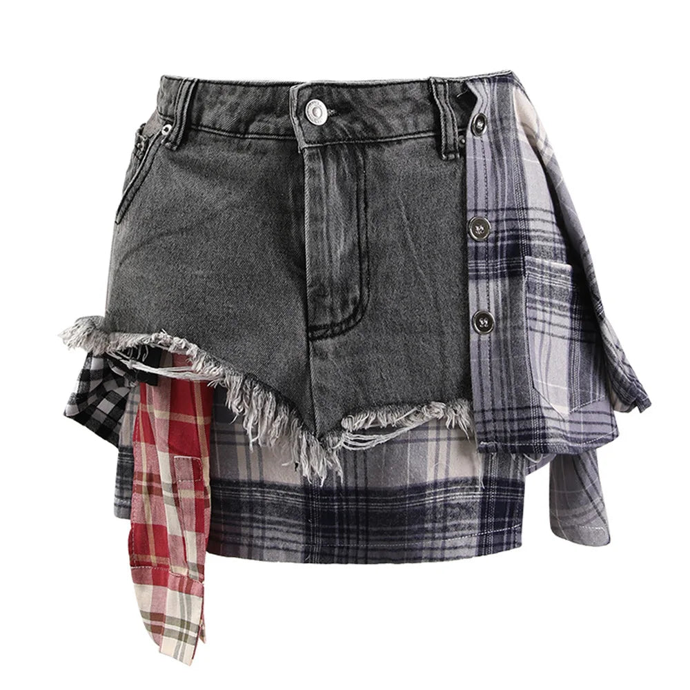 Plaid Patchwork Irregular Deconstructed A-line Mini Skirts velvet skirt rich