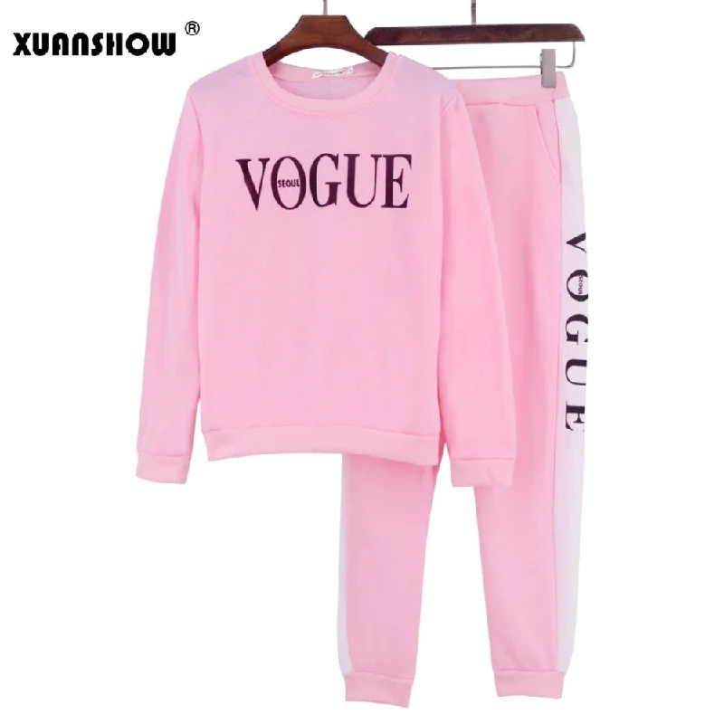 XUANSHOW Tracksuit 2019 Autumn Winter Women's Suit VOGUE Letter Printed 0-Neck Sweatshirt + Patchwork Long Pant 2 Piece Set Comfy Cargo Trousers