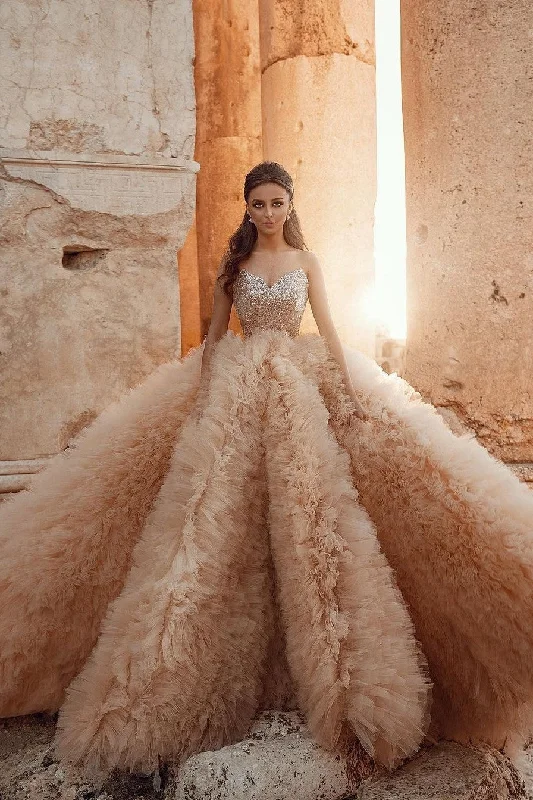 Sequin Sweetheart Champagne Wedding Gown Ruffled Skirt linen skirt airy