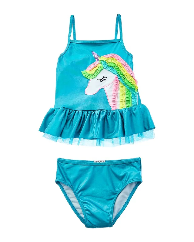 Flapdoodles Rainbow Unicorn 2Pc Swimsuit Swim Dress with Belt