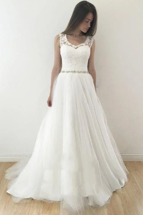 Sleeveless Floral Lace Ivory Wedding Gown with Tulle Skirt linen skirt relaxed