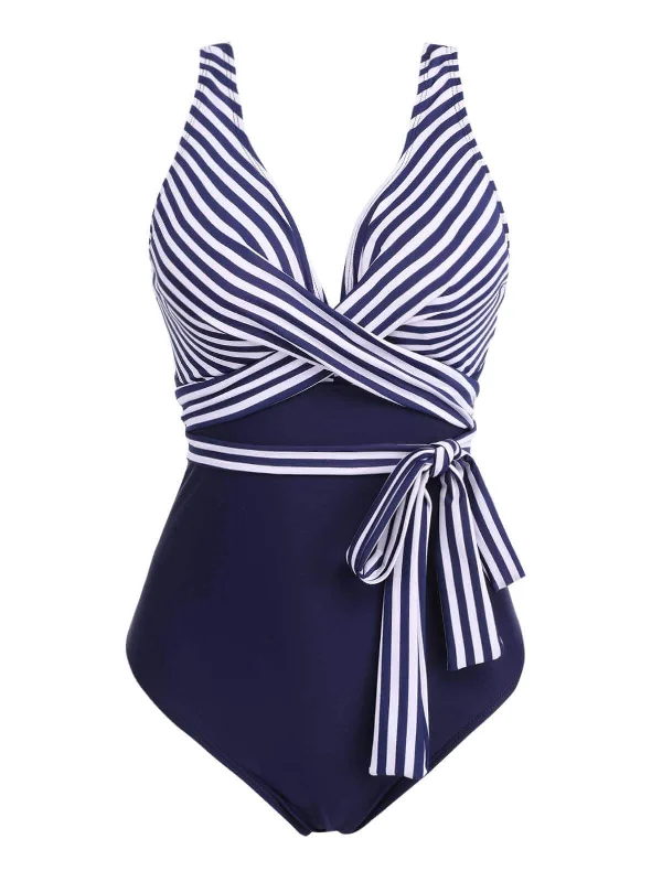 [Plus Size] 1950s Stripe Lace Up Patchwork One-Piece Swimsuit Push-Up Bikini Top