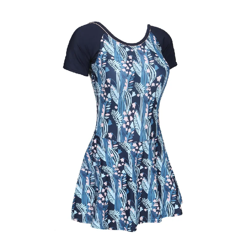 Women's Una one-piece short-sleeved swimsuit with skirt BLUE PRINT Stylish Cover-Up Set Women's Una one-piece short-sleeved swimsuit with skirt BLUE PRINT Stylish Cover-Up Set