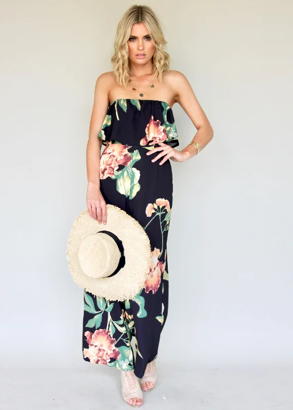 Burning Sun Strapless Pantsuit - Black Floral Soft Stretch Leggings