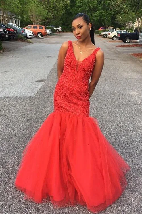 Deep V-neckline Beaded Long Prom Gowns with Tulle Skirt button skirt front