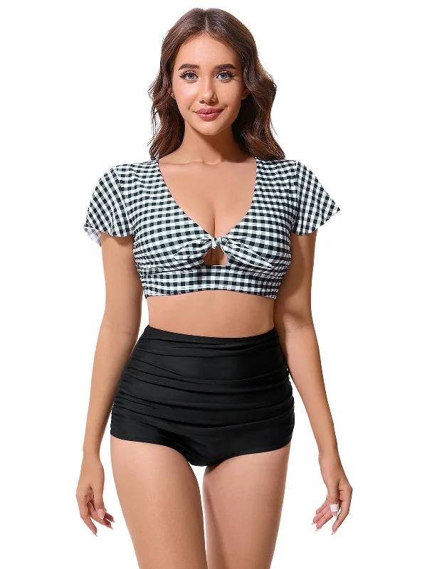 Black 1930s Gingham Plaid Bow Ruched Swimsuit High-Waisted Swimwear