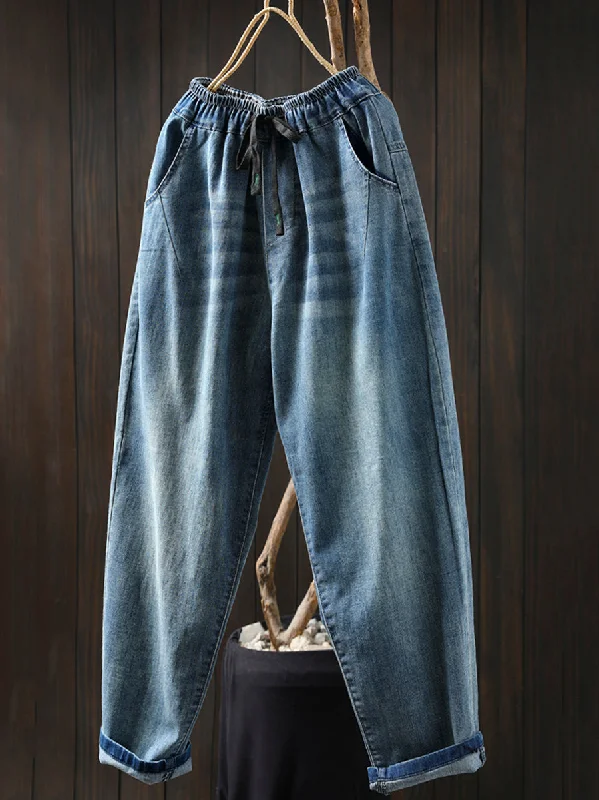 Women Spring Casual Pure Color Denim Harem Pants Trendy Wide-Leg Pants