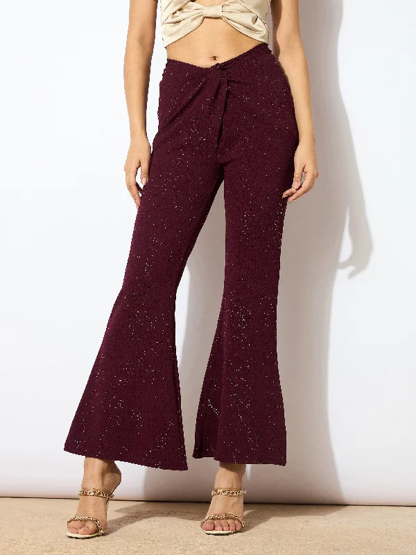 Women Burgundy Shimmer Twisted Bellbottom Pants Modern Bootcut Pants