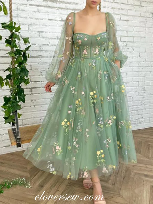 Floral Embroidery Tulle Long Sleeves Green Tulle Ankle Length Party Dresses, CP0732 Tunics Modern contemporary Floral Embroidery Tulle Long Sleeves Green Tulle Ankle Length Party Dresses, CP0732 Tunics Modern contemporary