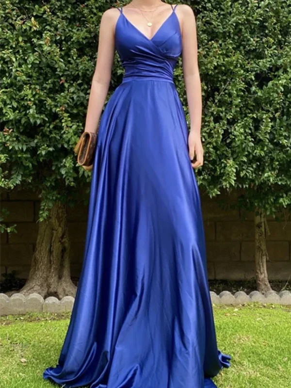 V Neck Blue Backless Satin Long Prom Dresses, Blue Backless Formal Evening Party Dresses Pleated Skirt Elegant V Neck Blue Backless Satin Long Prom Dresses, Blue Backless Formal Evening Party Dresses Pleated Skirt Elegant
