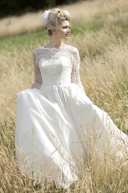 Illusion Lace Sleeves Outdoor Wedding Gown Chiffon Skirt denim skirt classic