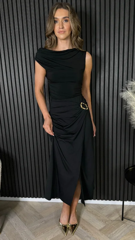 Brodi Black Buckle Detail Wrap Effect Midi Skirt denim skirt classic