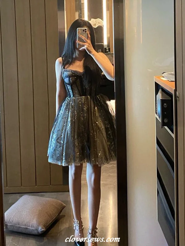 Black Tulle Sequined Lace Beading Spaghetti Strap Shiny Hoco Party Dresses, CH0084 Tunics Satin smooth Black Tulle Sequined Lace Beading Spaghetti Strap Shiny Hoco Party Dresses, CH0084 Tunics Satin smooth