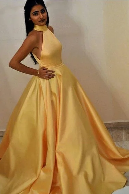 High Neck Yellow Prom Gown with Satin Full Skirt velvet skirt plush