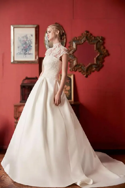 Lace High Neck Modest Wedding Gown Satin Skirt cashmere skirt fine