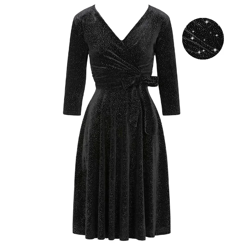 Black Velour Silver Dot 3/4 Sleeve Crossover Top Party Dress Tunics stripes playful