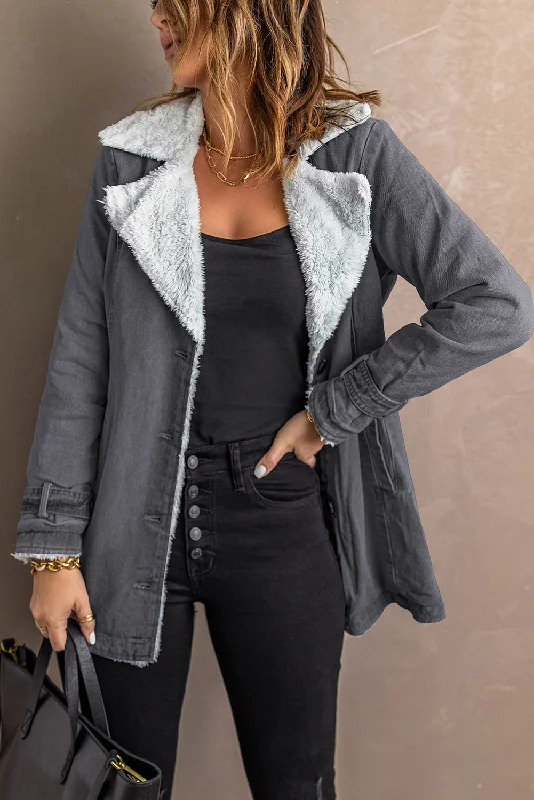 Button-Front Denim Jacket with Sherpa Collar Fleece Fabric Down Fabric Feather Fabric Button-Front Denim Jacket with Sherpa Collar Fleece Fabric Down Fabric Feather Fabric