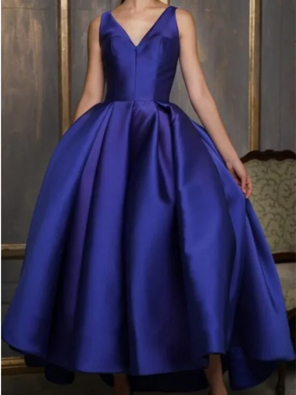 Asymmetrical Ankle Length Satin Prom Gown, V Neck Royal Blue Evening Dress, Party Dress Crew Neckline Sporty Asymmetrical Ankle Length Satin Prom Gown, V Neck Royal Blue Evening Dress, Party Dress Crew Neckline Sporty