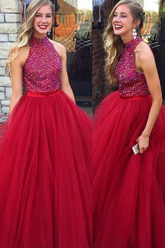 Rhinestones Bodice Sleeveless Red Formal Prom Gown with Tulle Skirt velvet skirt sumptuous