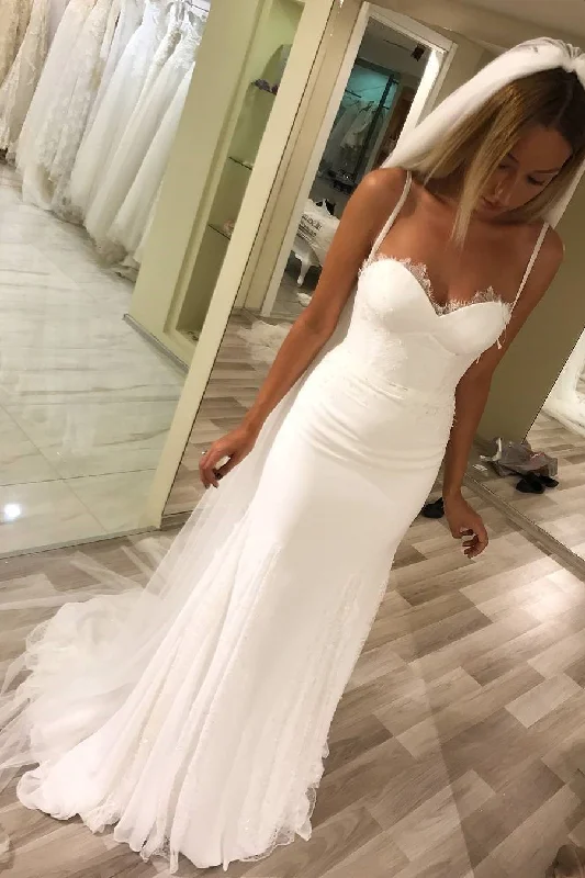 Double Straps Ivory Chiffon Wedding Gown with Lace Piece Skirt zip skirt side