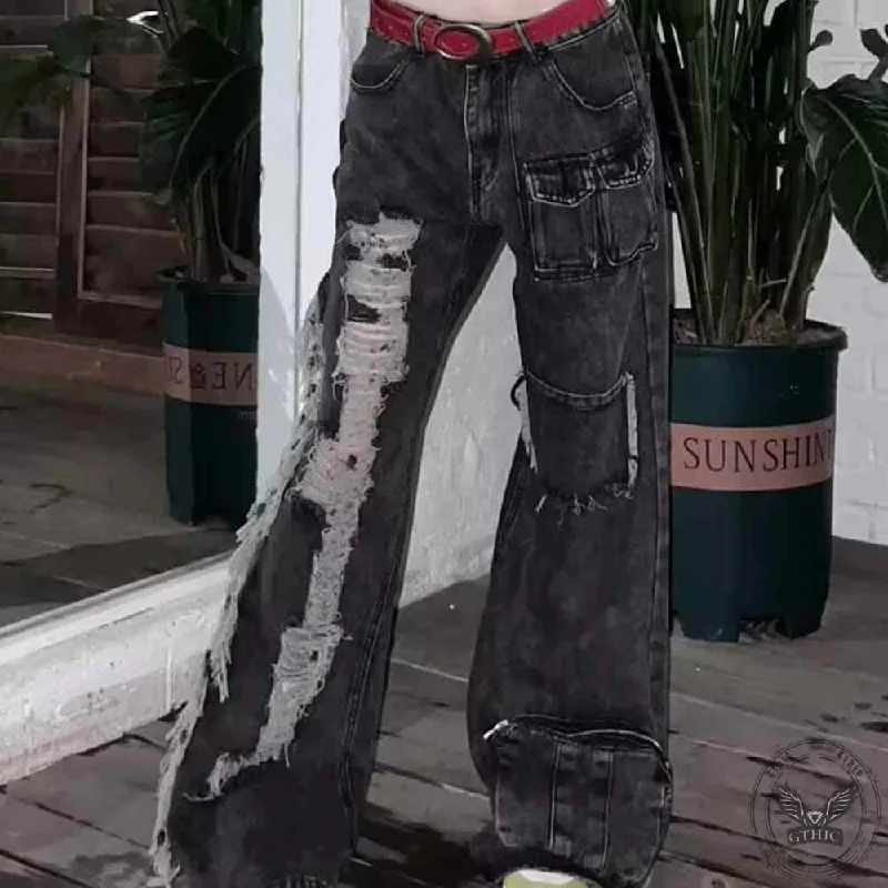 Vintage High Waist Pockets Ripped Straight Pants Soft Stretch Leggings
