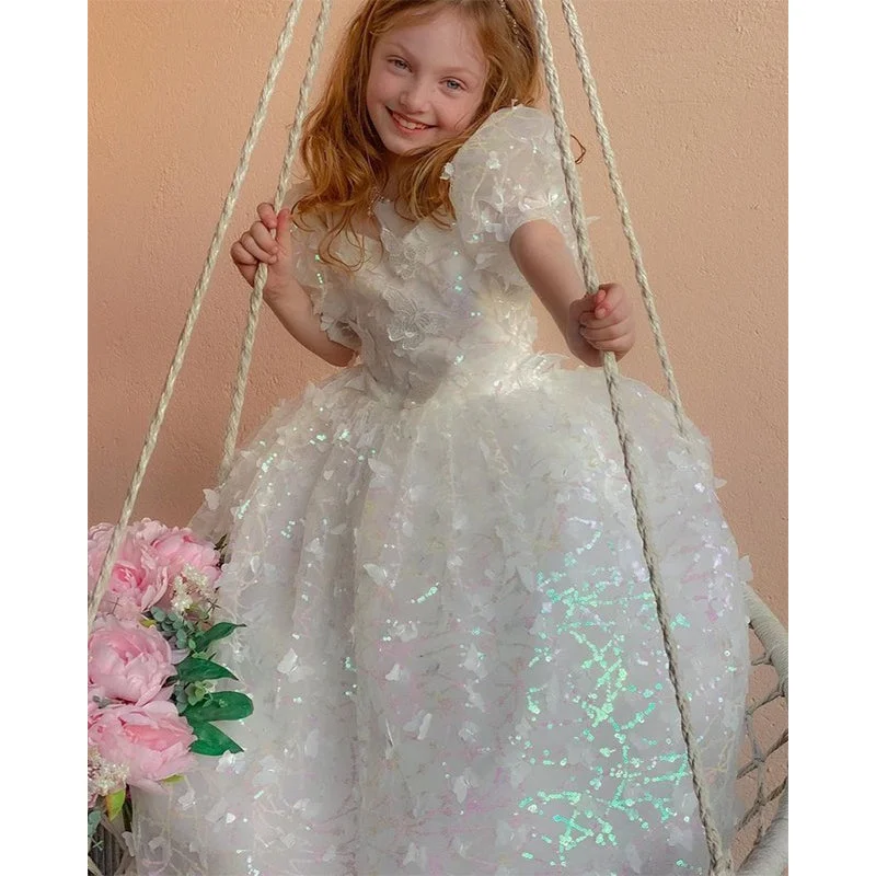Flower Girl Dress Girl Summer White Puff Sleeve Butterfly Sequins Birthday Party Dress Crew Neckline Casual