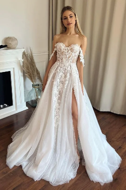 Semi-sheer Appliques Bridal Gown with Tulle Skirt cashmere skirt soft