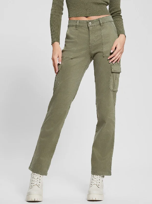 Green Straight-Leg Cargo Pants Stylish Elastic Waist Pants