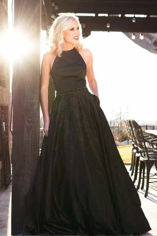 Halter Neckline Satin Black Prom Gown with Beading Skirt velvet skirt luxury