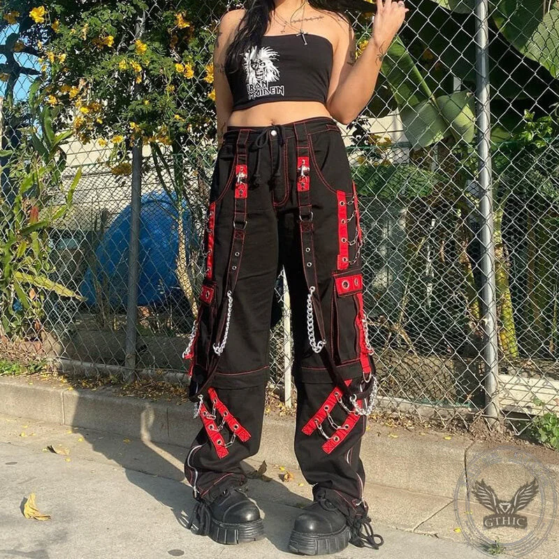 Chain Design Polyester Cargo Pants High-Waist Trousers