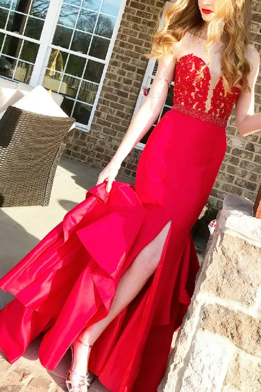 Plunging Sweetheart Lace Red Mermaid Prom Gown with Ruffled Skirt linen skirt breathable