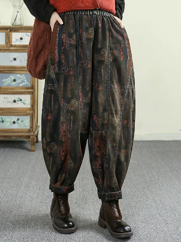 Women Spring Retro Print Spliced Denim Harem Pants Fashionable Track Pants