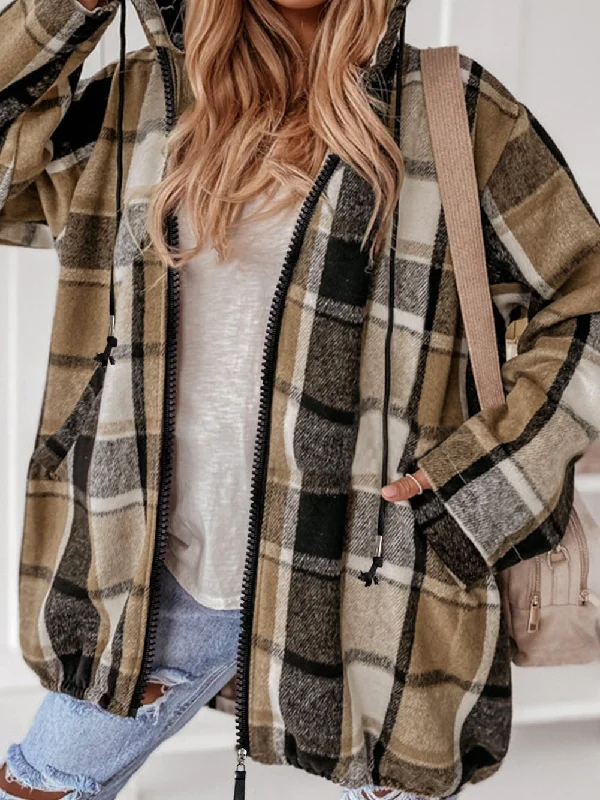 Brown Plaid Drawstring Hooded Zip-Up Jacket with Stylish Checkered Design Cotton Jacket Linen Jacket Terry Jacket Brown Plaid Drawstring Hooded Zip-Up Jacket with Stylish Checkered Design Cotton Jacket Linen Jacket Terry Jacket