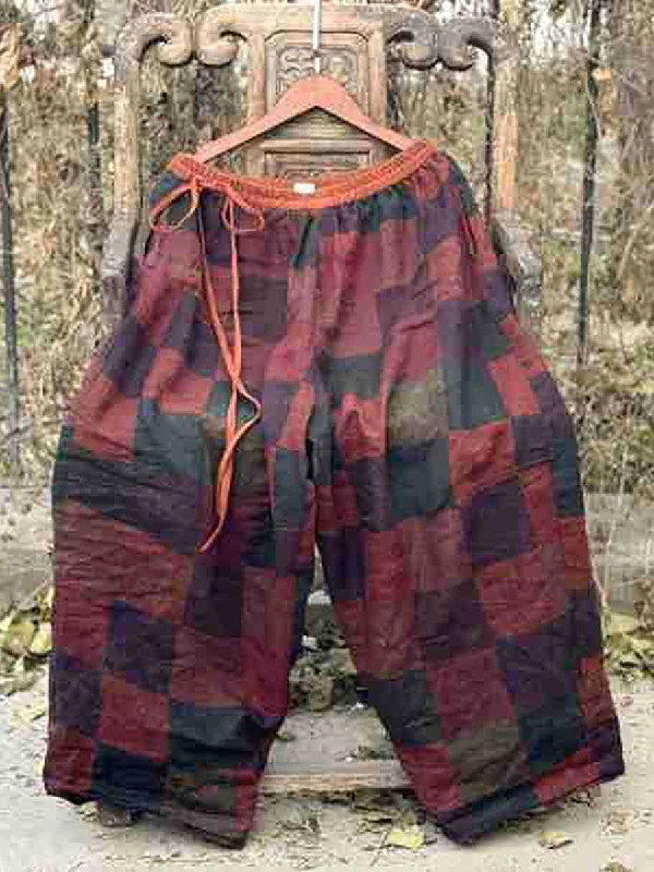 Women Spring Vintage Plaid Linen Wide-leg Pants Formal Stretch Pants