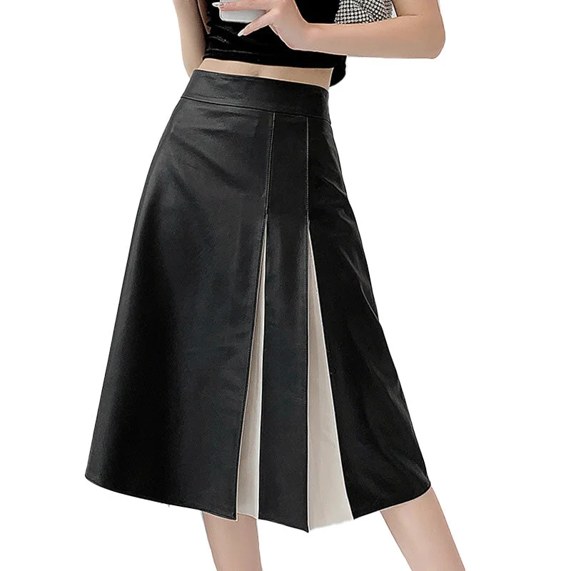 2023 Stylish Design Stitching Women Elegant Leather Skirt Genuine Sheepskin Leather Skirt slim fit skirt 2023 Stylish Design Stitching Women Elegant Leather Skirt Genuine Sheepskin Leather Skirt slim fit skirt