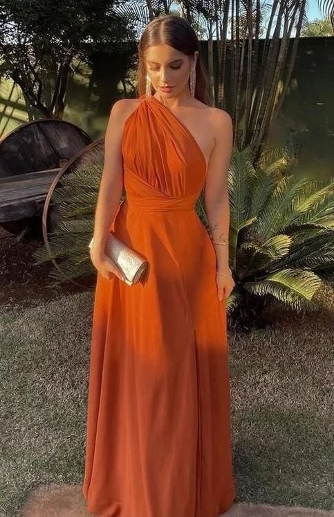 Orange One Shoulder A-Line Modest Long Party Dress, DP3389 Tunics New arrival