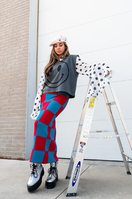 To The Stars Knit Skirt in Red + Blue Checkerboard silk skirt elegant