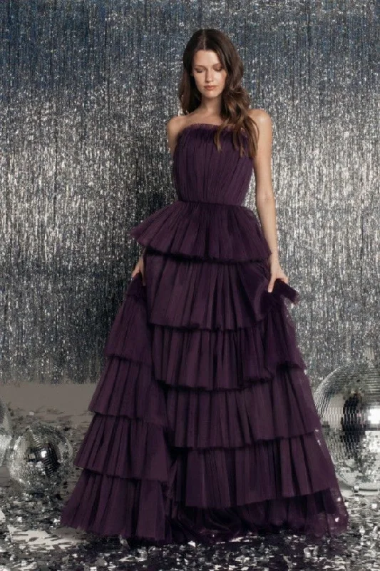 Dark Purple Layers Skirt Prom Gown with Strapless Bodice ruffled skirt detail