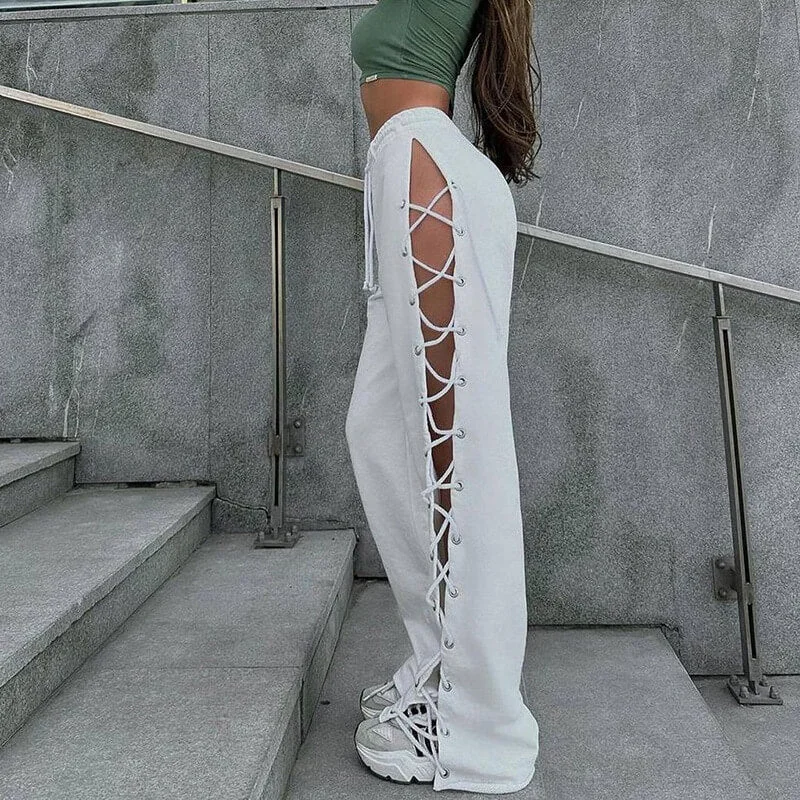 Side Slit Tie-Up Cutout Pants Comfortable Denim Leggings