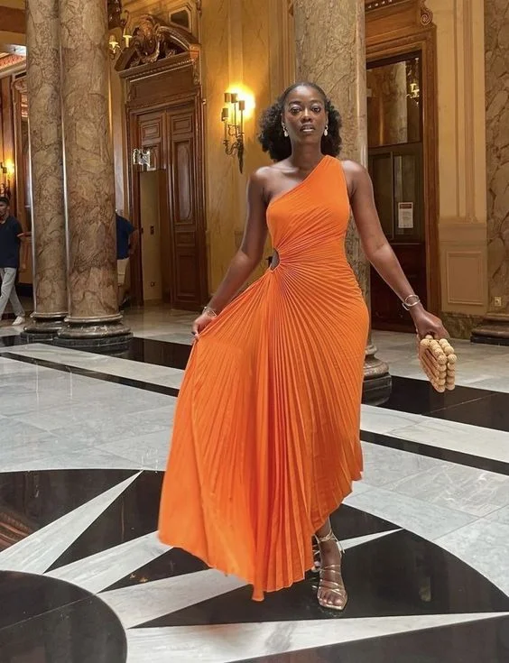 Orange One Shoulder Pleated A-Line Long Party Dress, DP2928 Tunics Essential wardrobe Orange One Shoulder Pleated A-Line Long Party Dress, DP2928 Tunics Essential wardrobe