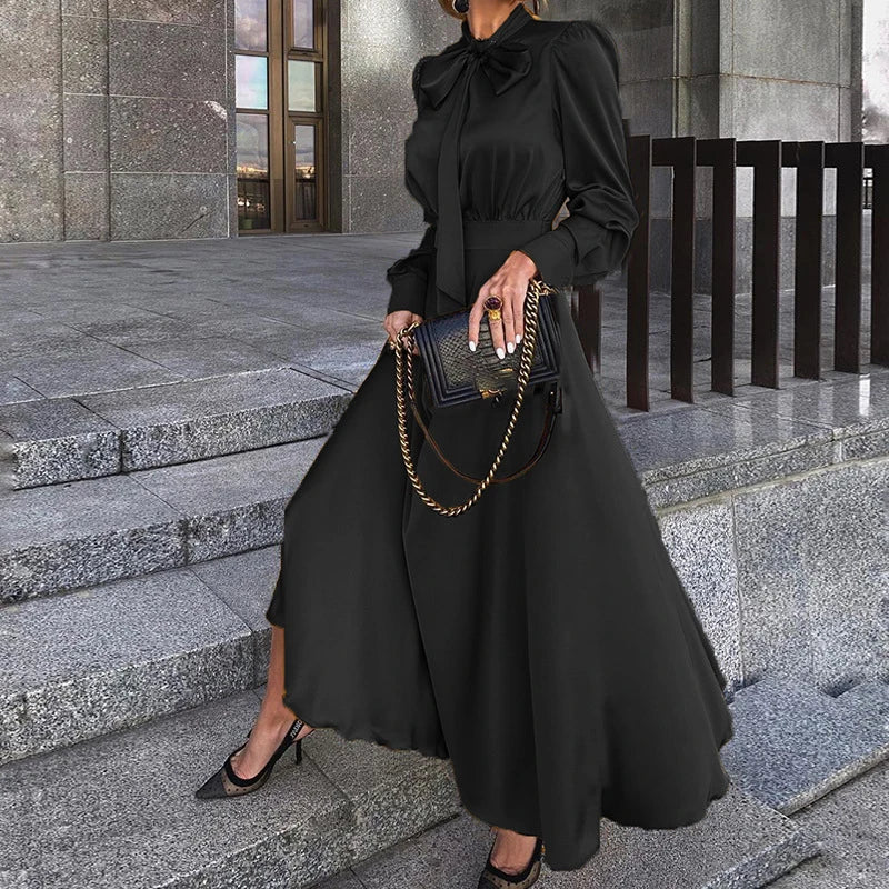Advbridge Elegant Bow Collar Big Hem Satin Dresses Luxury Women Bright Color High Waist Party Dress Fall Long Sleeve Loose Maxi Dress Tunics Formal black Advbridge Elegant Bow Collar Big Hem Satin Dresses Luxury Women Bright Color High Waist Party Dress Fall Long Sleeve Loose Maxi Dress Tunics Formal black