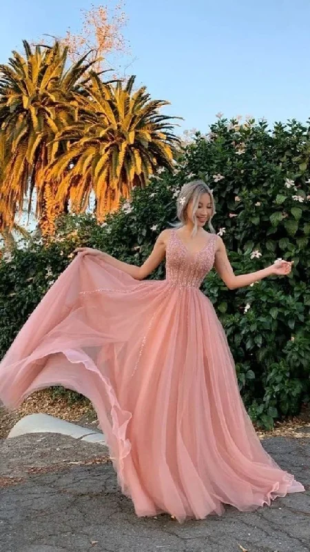 Elegant Pink A-Line Beaded Tulle Long Prom Dress Party Dress,DP534 Tunics Top rated