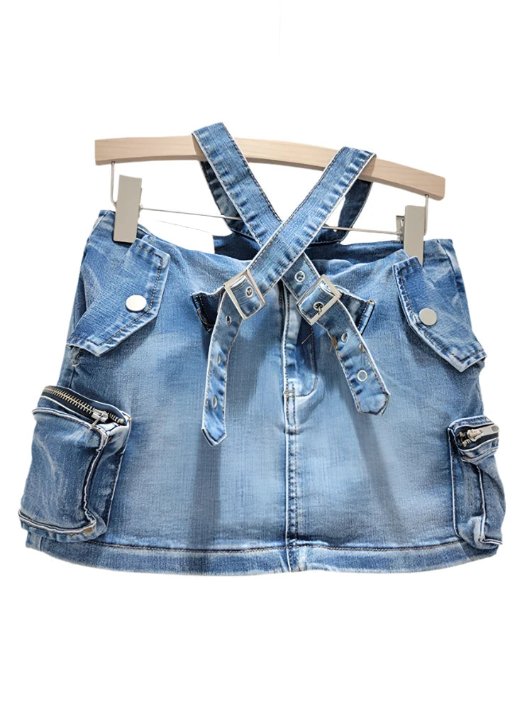 Denim Cross Belt Waist Stretch Cargo Mini Skirt corduroy skirt durable