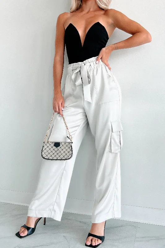 DOORBUSTER Happy Hour Hangs Satin Cargo Pants (Light Grey) High-Waist Jeans