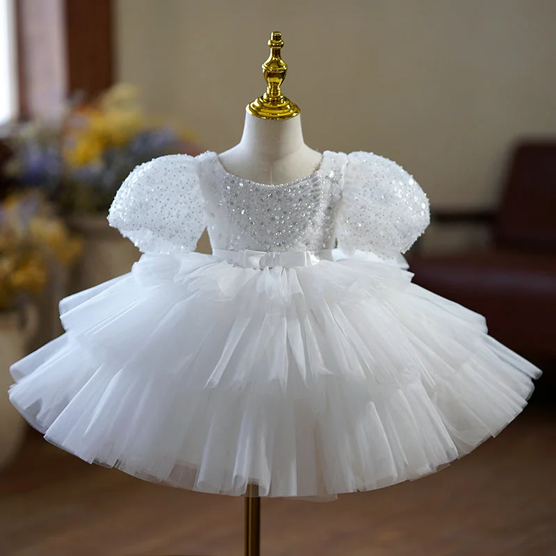 Toddler Prom Dress Flower Girl Dress Christening Princess Baptism Puff Sleeve Sequin Fluffy Party Dress Crew Neckline Sporty Toddler Prom Dress Flower Girl Dress Christening Princess Baptism Puff Sleeve Sequin Fluffy Party Dress Crew Neckline Sporty