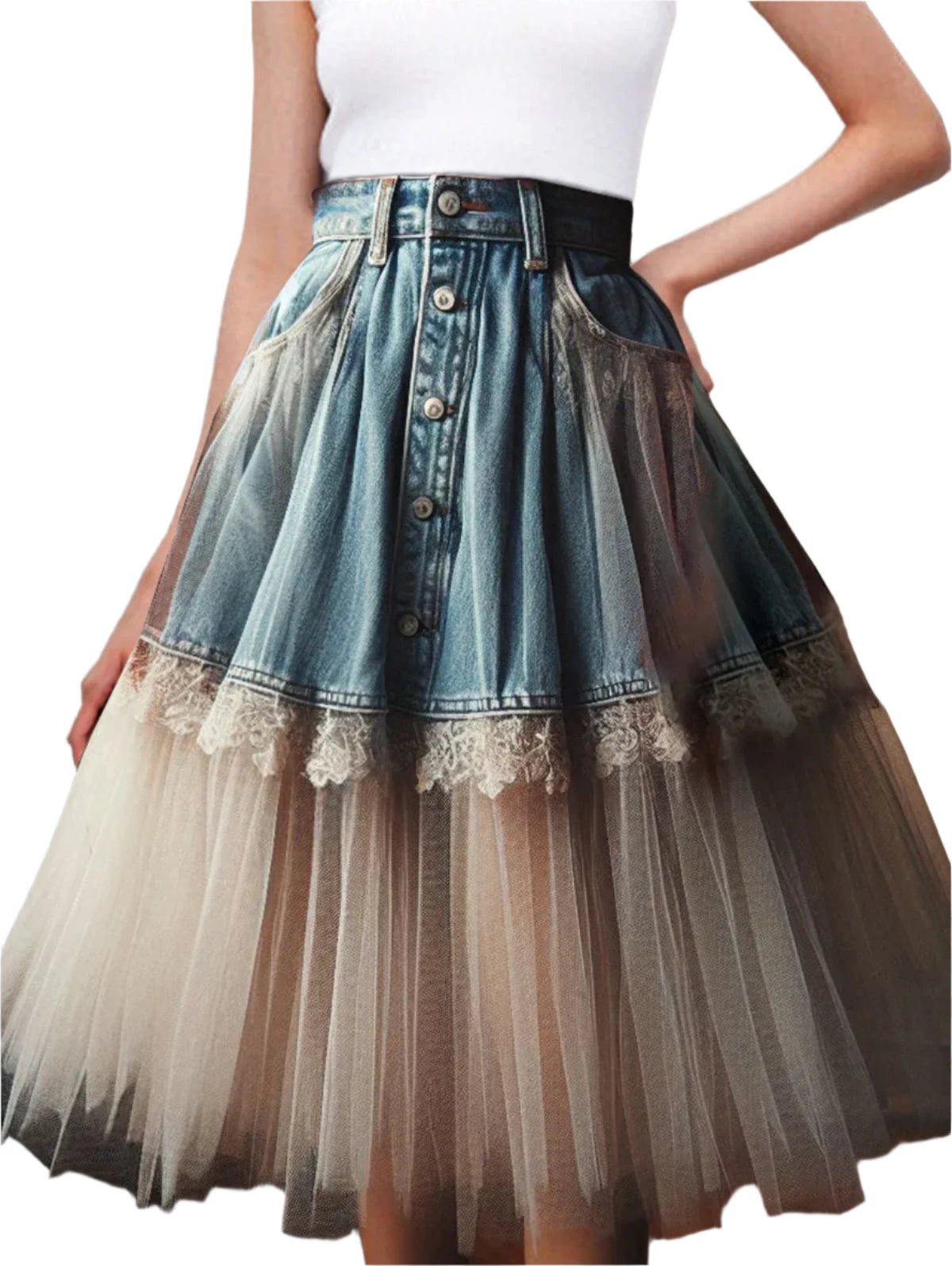 Denim Patchwork Lace Mesh Skirt silk skirt luxurious