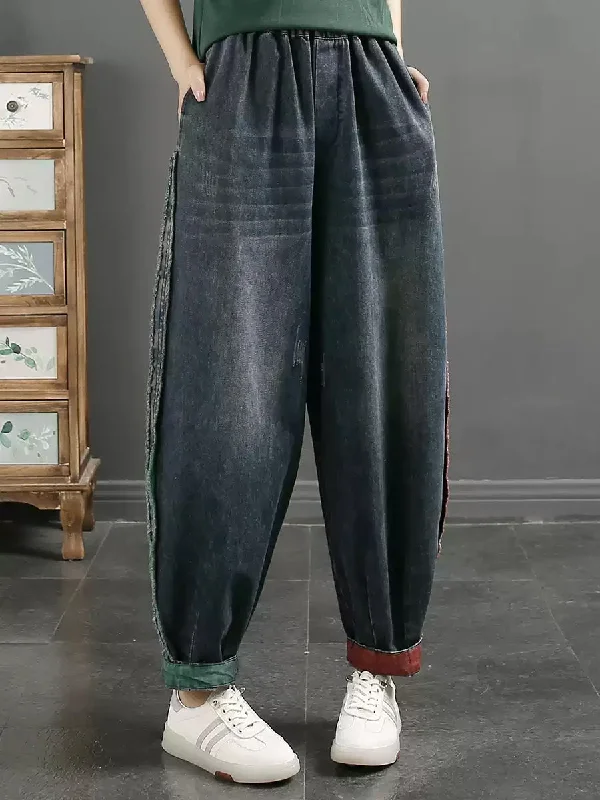 Women Spring Retro Raw-edge Denim Harem Pants Trendy High-Waist Trousers