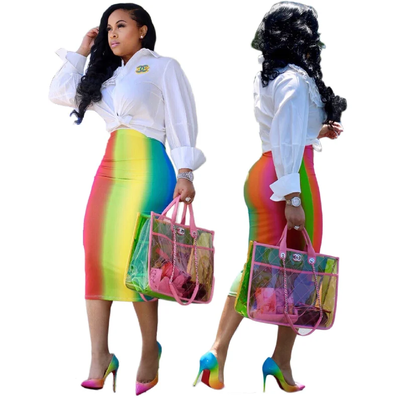 S to 2XL European and American fashion rainbow print skirt one-step OL skirt belted skirt waist S to 2XL European and American fashion rainbow print skirt one-step OL skirt belted skirt waist