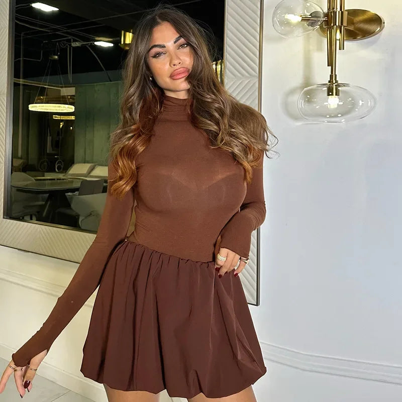 Advbridge Elegant Red Patchwork Mini Dress for Women Turtleneck Long Sleeve Bodycon Party Dress Fall Winter Lady Draped Dress 2025 Tunics Seasonal trendy
