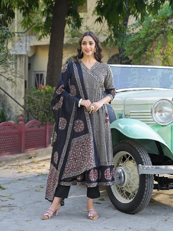 Divena Black Printed Cotton Fabric Anarkali Kurta Pant With Dupatta Soft Stretch Trousers
